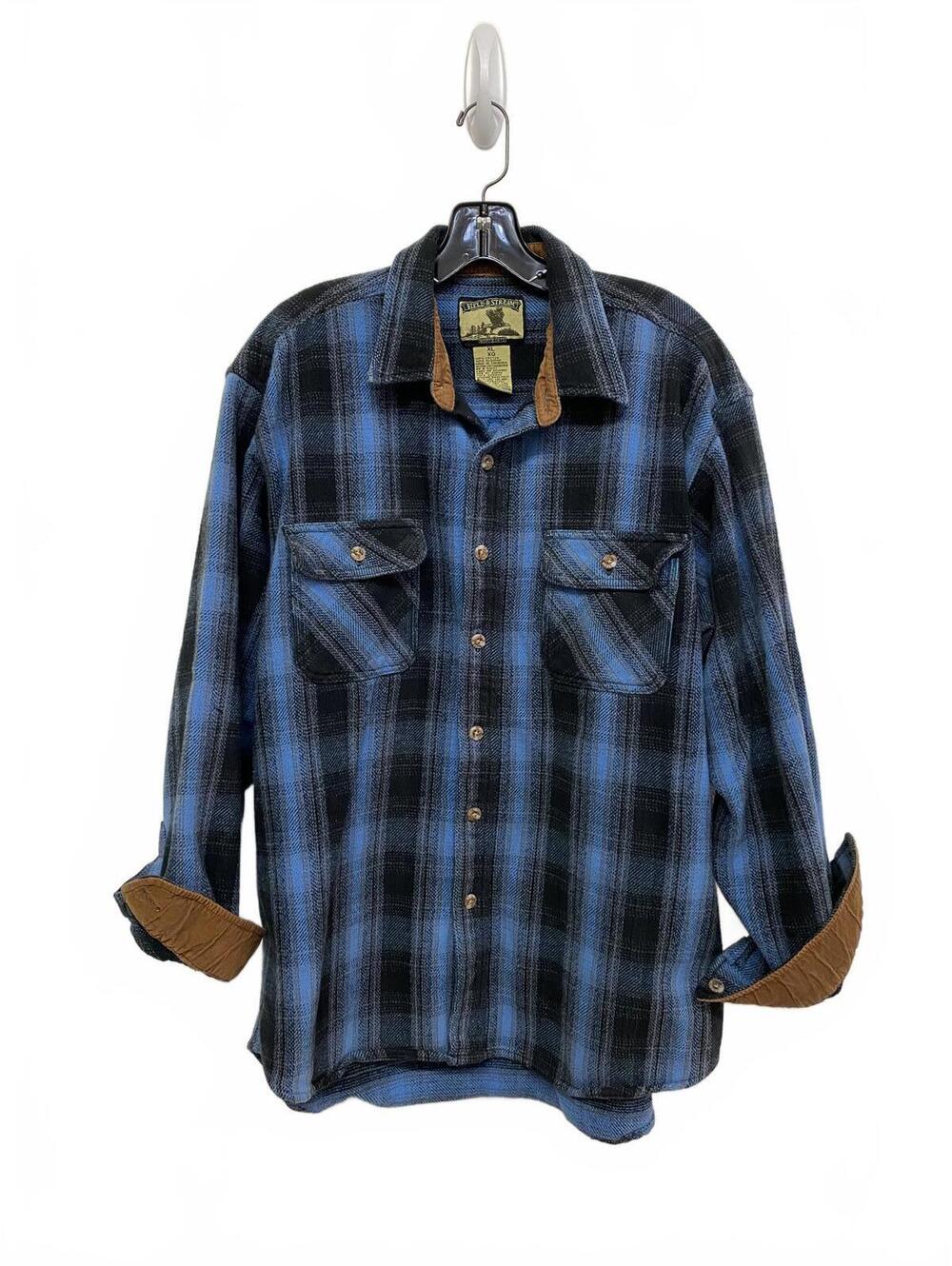 Field & Stream Blue Black Plaid Men's Flannel Shirt Brown Corduroy Collar XL